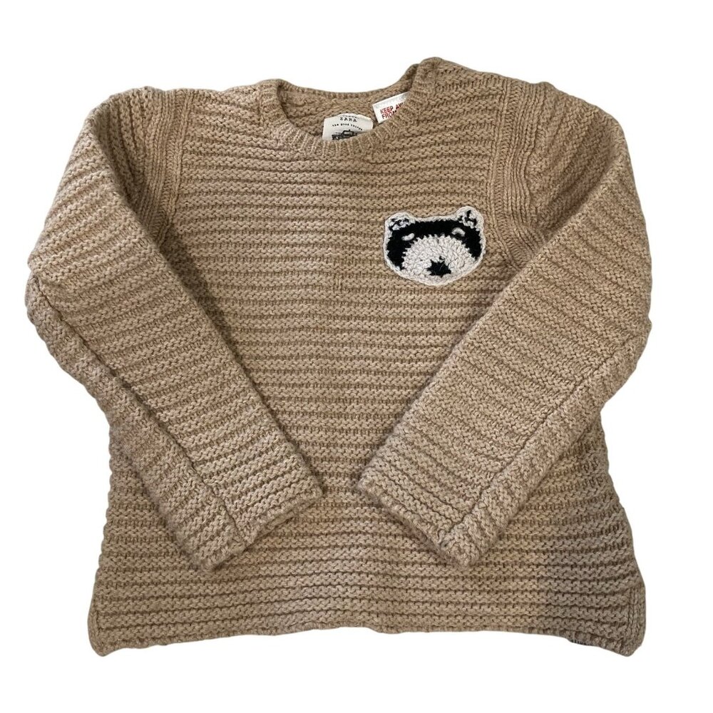 Zara Knitwear Sweater sz 2-3 Embroidered Bear Fisherman Wool Blend Knit Neutral